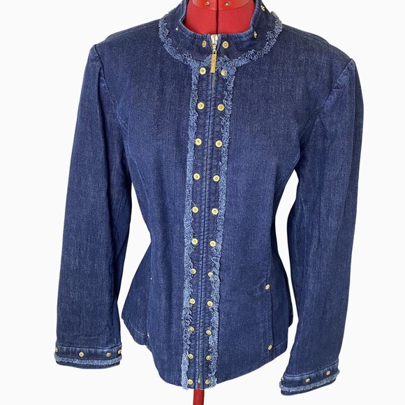 VTG St John Sport Classic Chic Preppy Denim Jacket Frayed Trim & Gold Details L - Picture 3 of 16